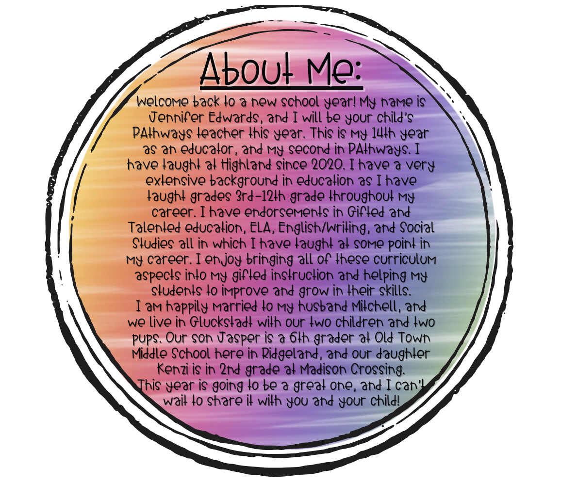 Welcome back to a new school year! My name is Jennifer Edwards, and I will be your child’s PAthways teacher this year. This is my 14th year as an educator, and my second in PAthways. I have taught at Highland since 2020. I have a very extensive background in education as I have taught grades 3rd-12th grade throughout my career. I have endorsements in Gifted and Talented education, ELA, English/Writing, and Social Studies all in which I have taught at some point in my career. I enjoy bringing all of these curriculum aspects into my gifted instruction and helping my students to improve and grow in their skills. I am happily married to my husband Mitchell, and we live in Gluckstadt with our two children and two pups. Our son Jasper is a 6th grader at Old Town Middle School here in Ridgeland, and our daughter Kenzi is in 2nd grade at Madison Crossing. This year is going to be a great one, and I can’t wait to share it with you and your child!